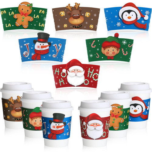 120 Pieces Christmas Coffee Tea Cup Sleeves Disposable Corrugated Paper Cup Sleeves for 12 oz and 16 oz Paper Cup Snowman Santa Cup Sleeves for Hot Chocolate Cocoa Cold Beverage (No Cups Included)