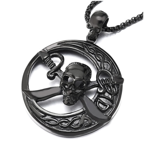 COOLSTEELANDBEYOND Black Stainless Steel Large Circle Pirate Skull Pendant Necklace for Men, 30 in Chain, Gothic Tribal