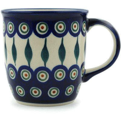 Polish Pottery Mug 12 oz Peacock Leaves
