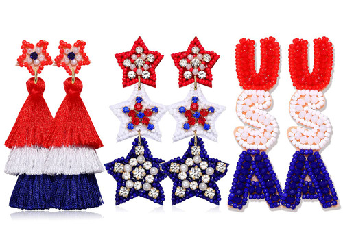 4th of July Earrings, Beaded American Flag Patriotic Earrings for Women, Handmade Letter USA Star Heart Dangle Earrings American Independence Day 4th of July Accessories (3 Pairs C)