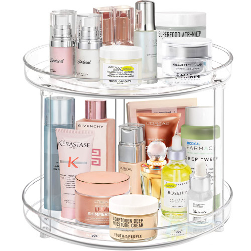 2 Tier Lazy Susan Bathroom Organizer Countertop,10.6inch Perfume Tray Makeup Skincare Organizers, Lazy Susan Turntable for Cabinet, Bathroom, Medicine Cabinet Organizer Spice Rack Organizer -Clear