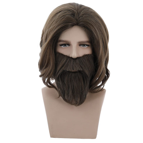 BERON Mens Brown Blonde Wigs Long Curly Hair Wig With Mustache Heat Resistant Synthetic Wig Halloween Cosplay Costume Party Daily Wigs