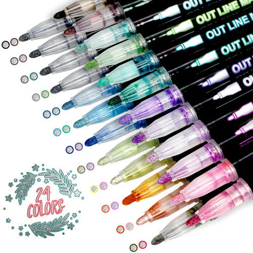 BCUEIDO 24 Colors Outline Markers Self-Outline Metallic Markers Double Line Outline Pens Super Squiggles Outline Markers Doodle Shimmer Markers