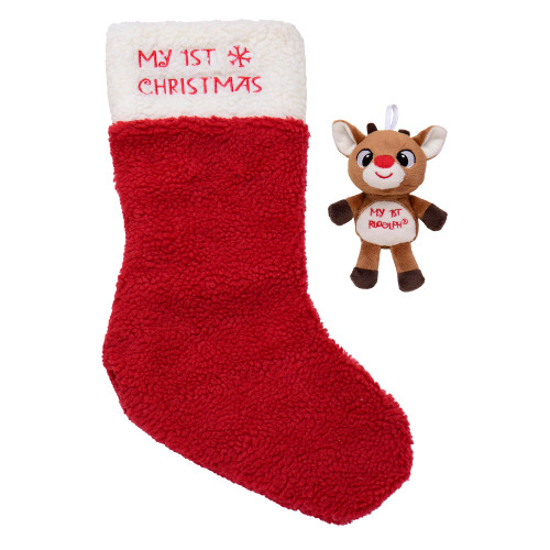 Baby Starters My First Christmas 2 Piece Embroidered Stocking and Plush Ornament Gift Set (Rudolph The Red Nosed Reindeer) Red, 17 inch