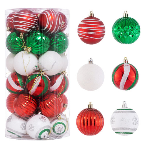 Azalon 60mm/2.36" Multicolor Christmas Balls, Shatterproof Plastic Hanging Ornaments, Christmas Wedding Holiday Party Decoration(Red Green White 30ct)