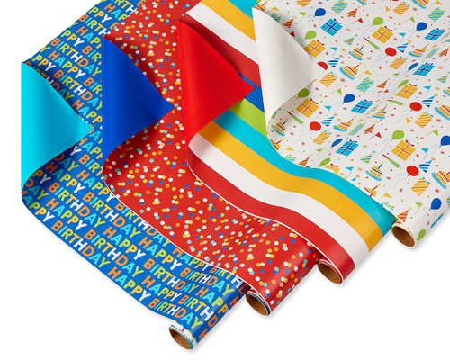 American Greetings Reversible Happy Birthday and All-Occasion Wrapping Paper, Bright Colors (4 Rolls, 160 sq. ft.)