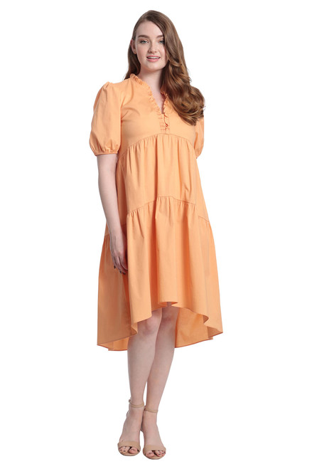 London Times Women's Short Sleeve Ruffle V-Neck Tiered Hi-Low Tent Dress, Apricot Nectar, 16