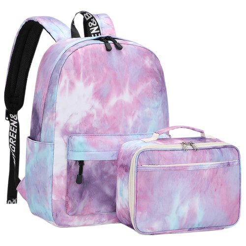 Lohol Tie dye School Backpack with Lunch Box, Lightweight BookBag Set for Girls Kids ?Purple?