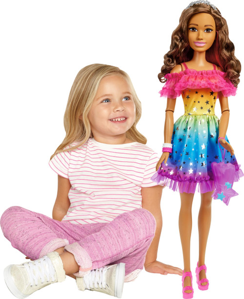Barbie Large Doll with Brown Hair, 28 Inches Tall, Rainbow Dress and Styling Accessories Including Shooting Star Handbag Barbie Large Doll with Brown Hair, 28 Inches Tall, Rainbow Dress and Styling Accessories Including Shooting Star Handbag