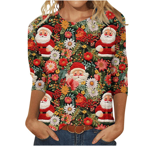 KCaHFO Black Fall Friday Deals Ugly Christmas Shirts for Women 2023 Cute Pink Santa Claus Printed Crewneck Long Sleeve Pullover Sweatshirts Tops