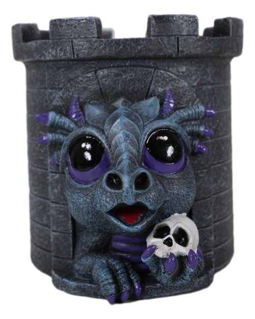 Ebros Gift Medieval Fantasy Whimsical Dragon Wyrmling Holding Skull In Castle Tower Stationery Holder Statue Gothic Dragon Themed Organizer Office Desktop Pen Pencil Make Up Brush Vanity Holder