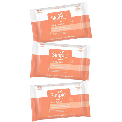 Simple Kind to Skin Instant Glow, Facial Cleansing Wipes, Makeup Removal Wipes, Removes Waterproof Mascara, 25 Wipes (Pack of 3)