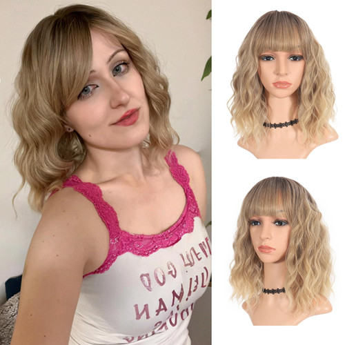 MINLEE Ombre Blonde Wig with Bangs for Women 14 Inch Short Bob Wavy Curly Wig Ombre Blonde Hair Wigs Heat Resistant Synthetic Wigs MINLEE Ombre Blonde Wig with Bangs for Women 14 Inch Short Bob Wavy Curly Wig Ombre Blonde Hair Wigs Heat Resistant Synthetic Wigs