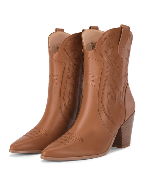 Coutgo Womens Ankle Cowgirl Boots Pointed Toe Low Chunky Heel Embroidered Stitching Western Cowboy Booties, Brown, Size 6