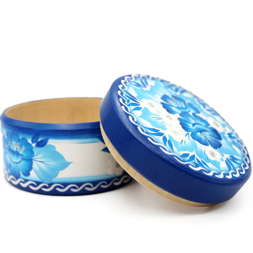 AEVVV Blue Round Wooden Jewelry Box with Hand Painted Gzhel Flowers - Floral Design Storage Trinket Box with Lid - Decorative Wooden Box - Wedding Ring Box