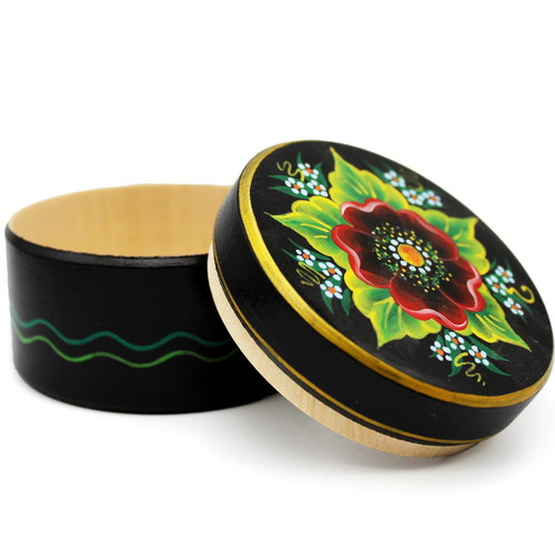 AEVVV Black Round Trinket Box with Lid - Small Jewelry Box for Earrings, Necklace, Rings with Hand Painted Ethnic Floral Pattern - Decorative Box for Vanity