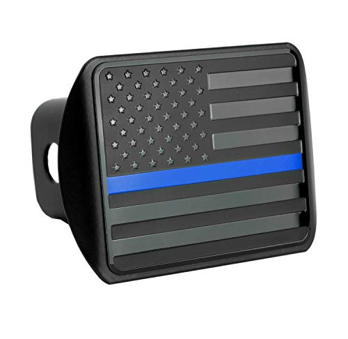 eVerHITCH USA US American Stainless Steel Flag Emblem Metal Trailer Hitch Cover (Fits 2" Receivers, Black Flag with Thin Blue line)
