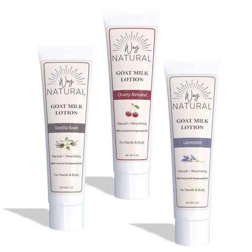 Way Natural Goat Milk Lotion Variety Pack - Lavender, Cherry Almond, Vanilla Bean - Goat Milk Hand Cream, Natural Body Lotion - 3 Pack (2 Oz Tubes)