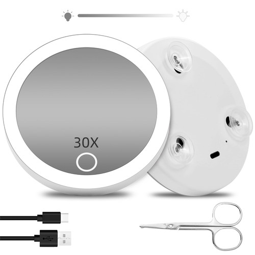 Suupvaor 30x Magnifying Mirror with Light, 4inch Lighted 30x Magnified Mirror with 3 Suction Cups, Travel Magnifying Mirror 30x with Light, High Magnification Compact Makeup Mirror with Scissors Sets