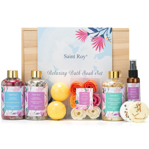 Spa Gifts for Women, Relaxing Spa Salt with Essential Oil, Spa Gifts for Women, Self Care Gifts for Women Bath Soak with Flowers, Essential Oil Mist, Flower Bath Salt, Bath Bomb, Foot Spa Kits & More