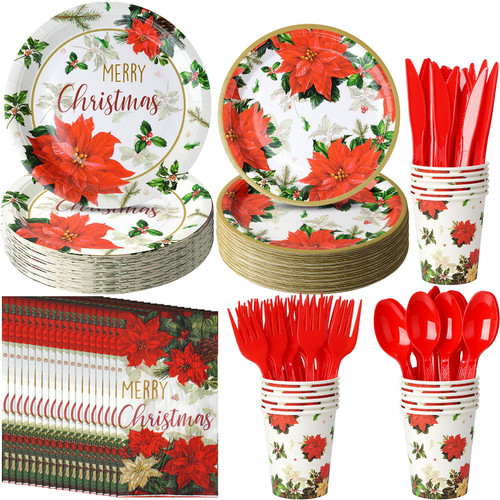Christmas Poinsettia Paper Plates and Napkins Serve 25, Disposable Holiday Flower Party Plates Cups Napkins Set, Red Christmas Tableware Party Supplies Decorations for Xmas Winter Holiday New Year