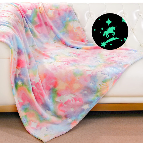 Lukeight Glow in The Dark Blanket Unicorns Gifts for Girls, 300GSM Luminous Throw Blanket Unicorns Blanket for Girls, Rainbow Blanket with Vibrant Colors is Birthday Gift for Girls, 60x50 Inches