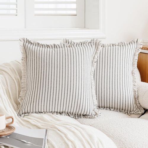 Throw Pillow Covers 18x18 Set of 2 Boho Pillow Covers with Fringe Tassel Farmhouse Cotton Striped Pillow Covers for Sofa Couch Bed Living Room Decor