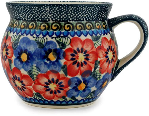 Polish Pottery Bubble Mug 12 oz Blue And Red Poppies UNIKAT