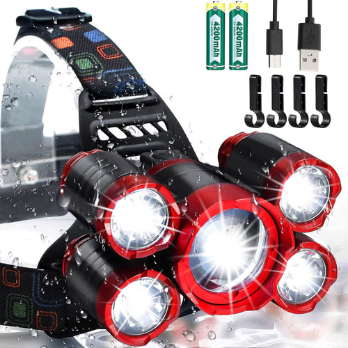 JIMEJV USB Rechargeable Headlamp 12000 Lumen Ultra Bright LED Work Headlight, 4 Modes Waterproof Head Lamp Best Headlamps for Adults, Camping, Outdoors & Hard Hat Work Zoomable Headlight (Red)