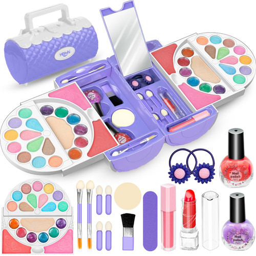 Hollyhi 56Pcs Kids Makeup Kit for Girl, Washable Real Play Makeup Toy Set with Cosmetic Case for Girl Toys, Toddler Make up Toys Birthday Gifts for Kids Age 3 4 5 6 7 8 9 10 11 12 Years Old (Purple)