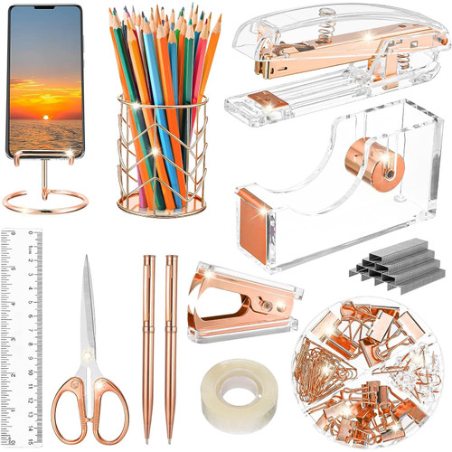 FERXIDI Rose Gold Desk Accessories,Office Supplies Set Acrylic Stapler,Staple Remover,Tape Holder,Pen Holder,Ballpoint Pen,Scissor,Binder Clips,Phone Holder,Ruler,Transparent Glue,1000pcs Staples