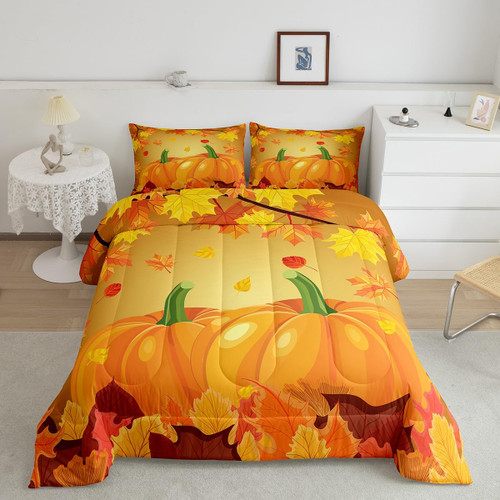 Fall Comforter Set Full Size Kids Autumn Pumpkin Comforter for Boys Girls Fall Maple Leaves Bedding Set Super Soft Fall Harvest Thanksgiving Festival Quilt Set Room Decor Duvet Set Inner Fill