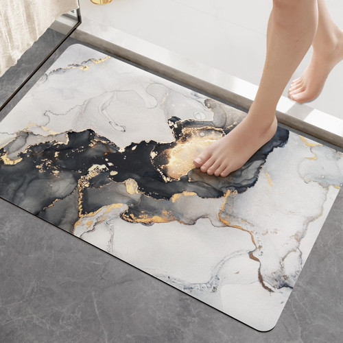 DEXI Bath Mat Rugs Bathroom Floor Mat Super Absorbent Ultra Thin Low Profile Non Slip Quick Dry Washable Carpet for Sink Shower Toilet, 16"x24" Black and White