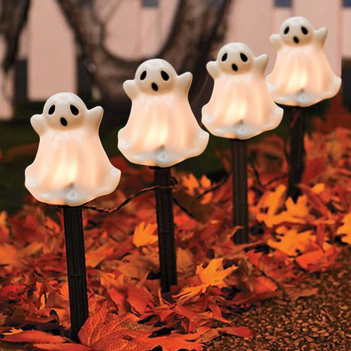 Halloween Pathway Lights Outdoor,7FT Ghost Pathway Marker Lights with 4 White Ghost Stakes Lights Outdoor C7 Bulbs Walkway Waterproof for Outdoor Garden Yard Driveway Markers Party Halloween Decor