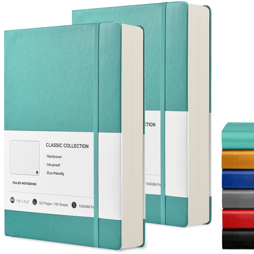 2 Pack B5 Notebooks Journal 640 Pages Ruled Composition Notebooks Classic Hardcover Lined Journals for Office Home School Business Writing Note Taking, 10.2" x 7.5", 100GSM Thick Paper (Green, B5)