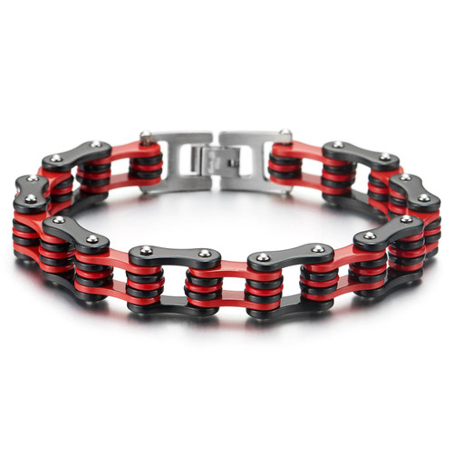COOLSTEELANDBEYOND Steel Biker Bracelet for Men, Masculine Motorcycle Chain Style, Black Red Bike Link High Polished COOLSTEELANDBEYOND Steel Biker Bracelet for Men, Masculine Motorcycle Chain Style, Black Red Bike Link High Polished