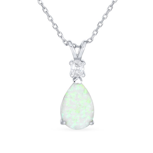 Bling Jewelry Classic Simple Gemstone CZ Accent 5CT Solitaire Teardrop White Rainbow Created Opal Pendant Necklace For Women Teen .925 Sterling Silver October Birthstone 16-18 Inch