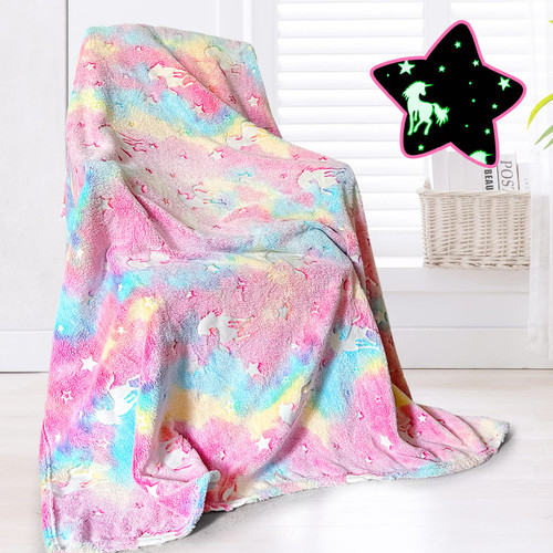 Glow in The Dark Unicorn Blanket for Girls, Luminous Throw Blanket Super Soft Fuzzy Plush Blanket, Unicorn Gifts for Kids Birthday Christmas Bedroom Decor Rainbow Unicorns Stars