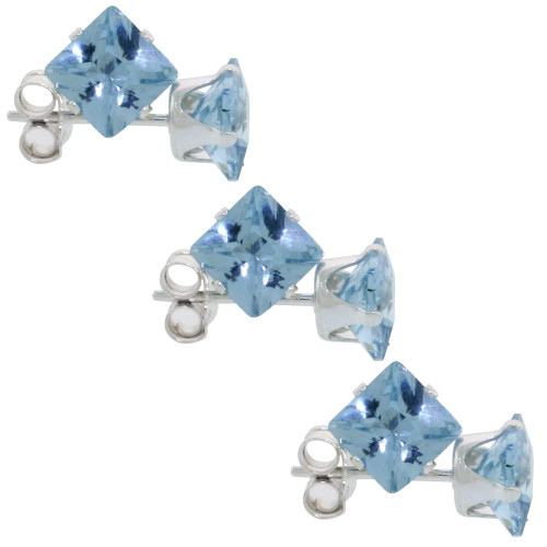 3 Pair Set Sterling Silver Cubic Zirconia Square Blue Topaz Earrings Studs 5 mm Princess cut Topaz Blue 1.5 carats/pair