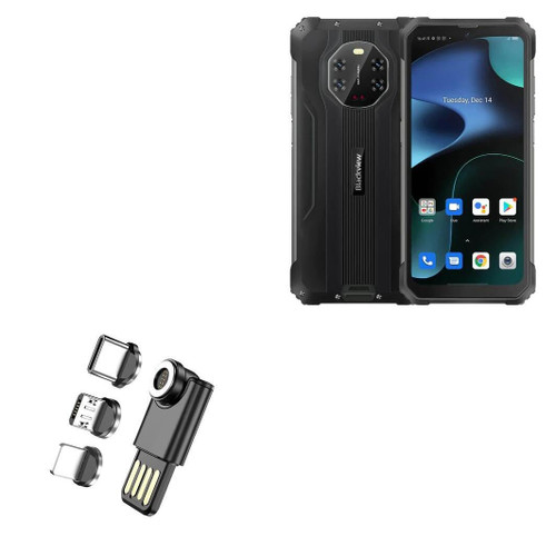 BoxWave Cable Compatible with Blackview BV8800 - MagnetoSync Mini Adapter, Magnet Charging Cable USB Type-C Micro USB - Jet Black