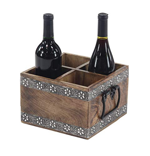 Deco 79 86396 Rustic Wood and Metal Four-Bottle Wine Rack, 19" W x 6" H, Gray, Black, Brown