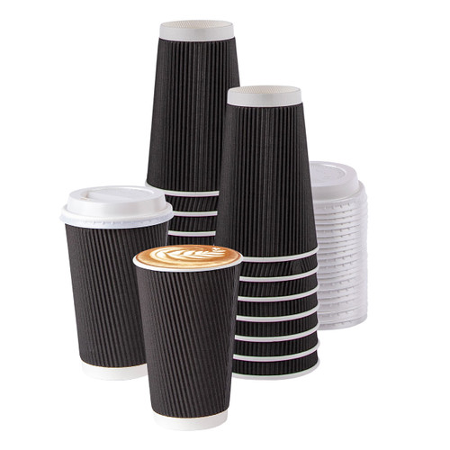 Galashield Insulated Disposable Coffee Cups with lids [50 Sets] 16 oz Corrugated Ripple To Go Paper Hot Beverage Cups with Lids, Hot Drink Cups For Tea Coffee Hot Chocolate Cups - Black