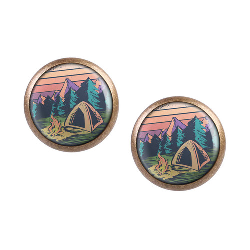 Stud Earring Pair with Cabochon Picture Tent Camp Camp Fire Retro bronze 0.47 inch