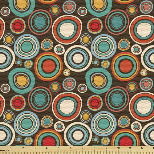 Lunarable Retro Fabric by The Yard, Vintage Style Round Shapes Colorful Bullseye Circles Pattern on Dark Brown Background, Decorative Fabric for Upholstery and Home Accents, 2 Yards, Vermilion Teal