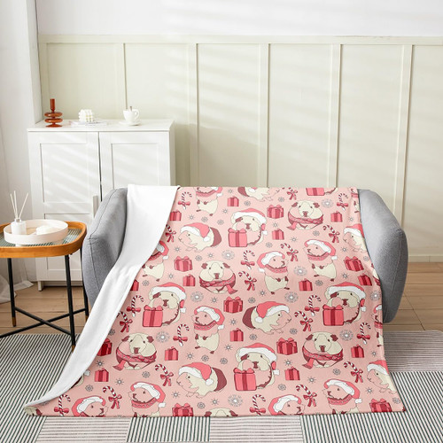 jejeloiu Pink Christmas Fuzzy Blanket Baby 30"x40" Kawaii Guinea Pig Flannel Fleece Throw Blanket for Sofa Couch Cartoon Animal Plush Blanket Xmas Theme Fuzzy Blanket Bedroom Flannal Blanket