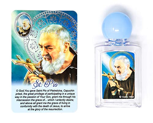 Saint Pio Bottle Filled with Blessed Lourdes Holy Water in a Plastic Bottle with St. Pio Prayer Card & Lourdes Prayer Card.