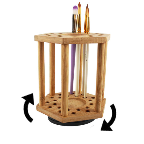 LITAITAI Paint Brush Holder Bamboo,Watercolor Brush Holder Rotating Brush Holder,Makeup Organizer Artist Brush Drying Rack with 24 Holes and 1 Big Hole(1pcs)