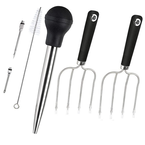 KAYCROWN Turkey Baster and Turkey Roast Lifters with Non-Slip Handle, Rubber Turkey Baster with 2 Marinade Needles & Stainless Steel Turkey Poultry Forks Set, Poultry Lifters