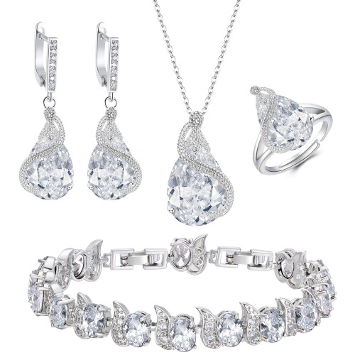 EVER FAITH Bridal Teardrop Cubic Zirconia Jewelry Set for Bride Bridesmaid, Glamour Pendant Necklace Earrings Tennis Bracelet Open Ring Set for Women Clear Silver-Tone EVER FAITH Bridal Teardrop Cubic Zirconia Jewelry Set for Bride Bridesmaid, Glamour Pendant Necklace Earrings Tennis Bracelet Open Ring Set for Women Clear Silver-Tone