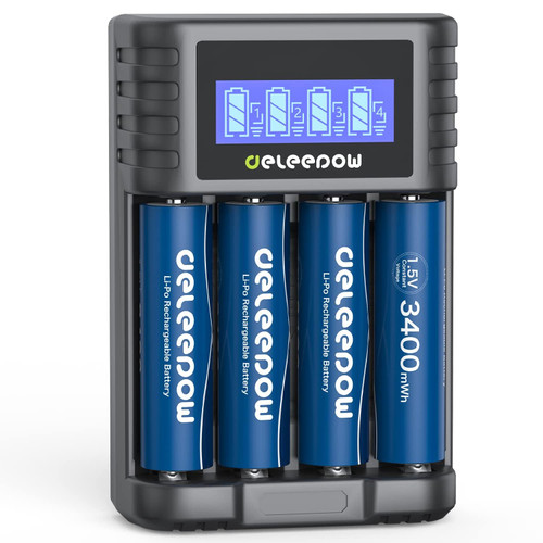 Deleepow Rechargeable AA Batteries Lithium 1.5V 3400mWh,1500 Cycle Rechargeable Lithium AA Batteries 4 Count with LCD Smart Charger Deleepow Rechargeable AA Batteries Lithium 1.5V 3400mWh,1500 Cycle Rechargeable Lithium AA Batteries 4 Count with LCD Smart Charger
